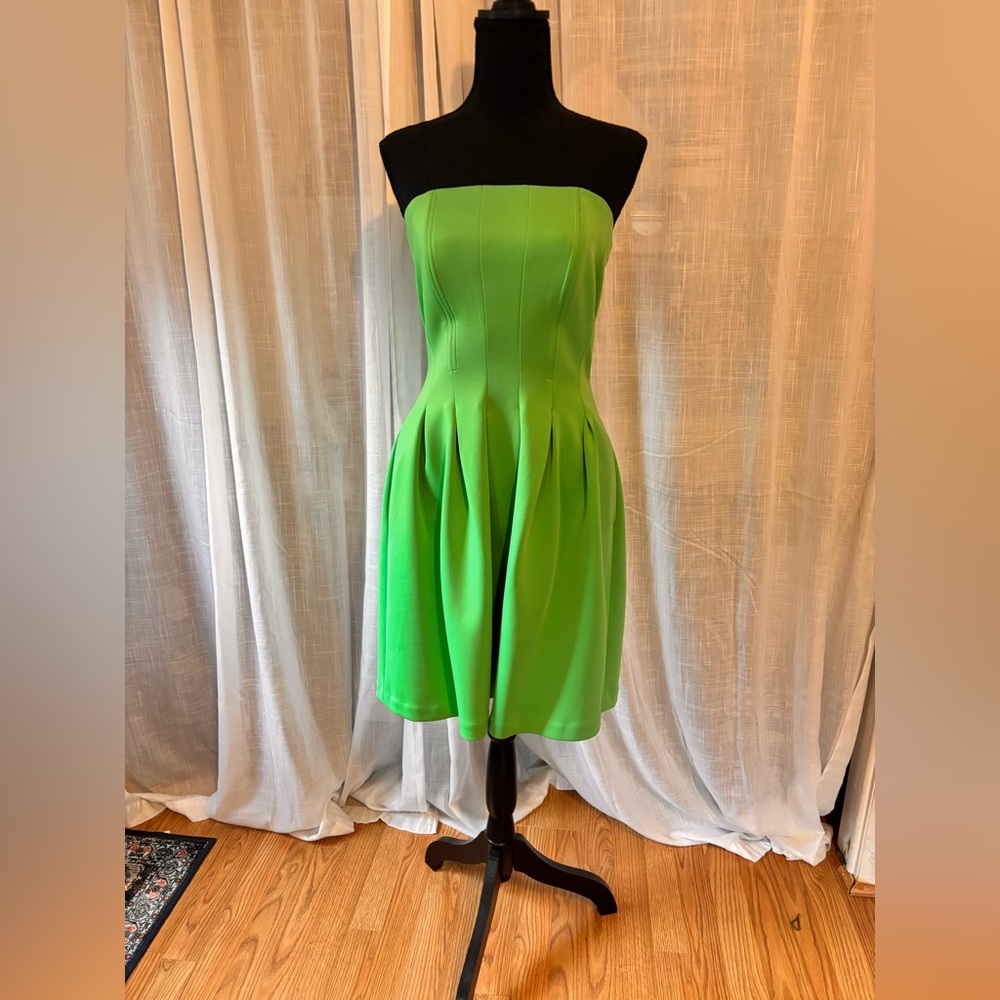 Strapless Green Pleated Skater Dress